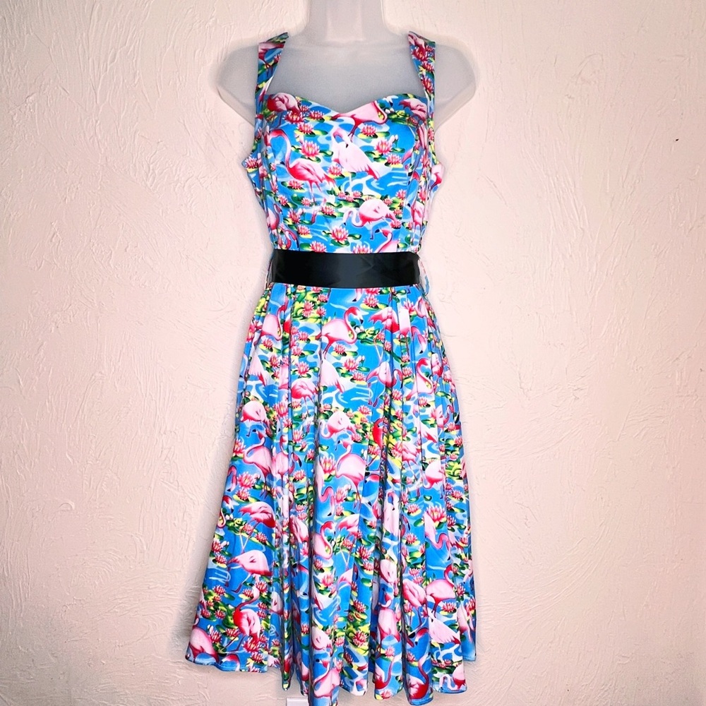 Flamingo Blue Pink Tropical Print Vintage Style Fit and Flare Dress Size 6